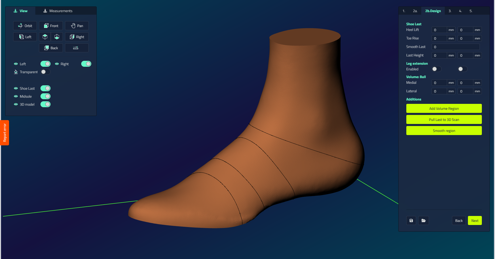 Die Registerkarte Schuhleisten Design zeigt Fersenerhöhung, Toe Rise, Smooth Last, Last Height, Leg Extension und Volume: Ball sowie die Add Volume Region, Pull Last to 3D Scan und Smooth Region Aktionen