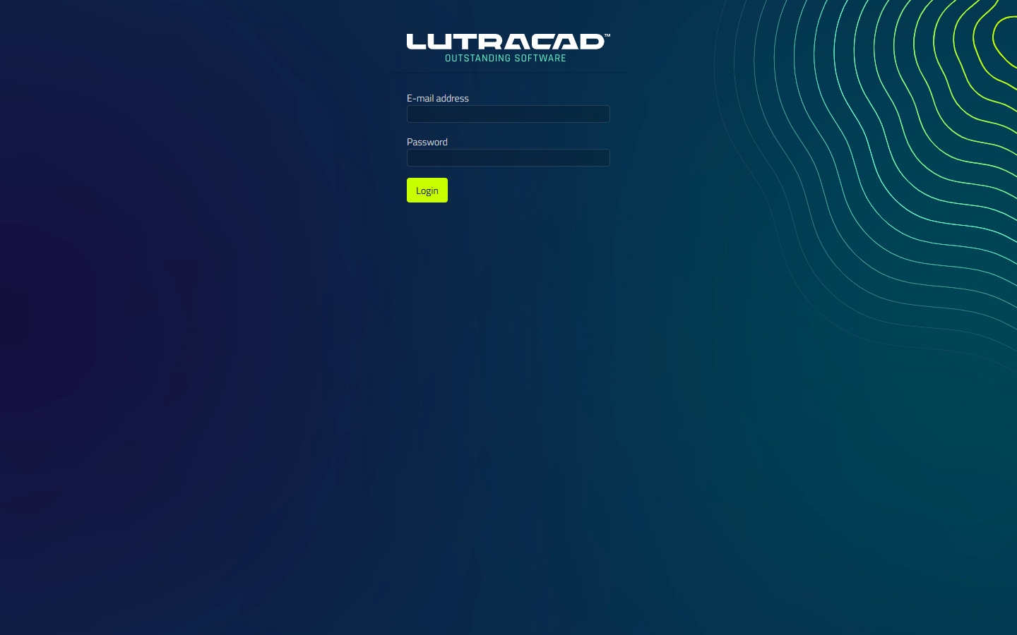 Pantalla de inicio de sesión LutraCAD con dirección de correo electrónico y campos de contraseña y un botón Iniciar sesión