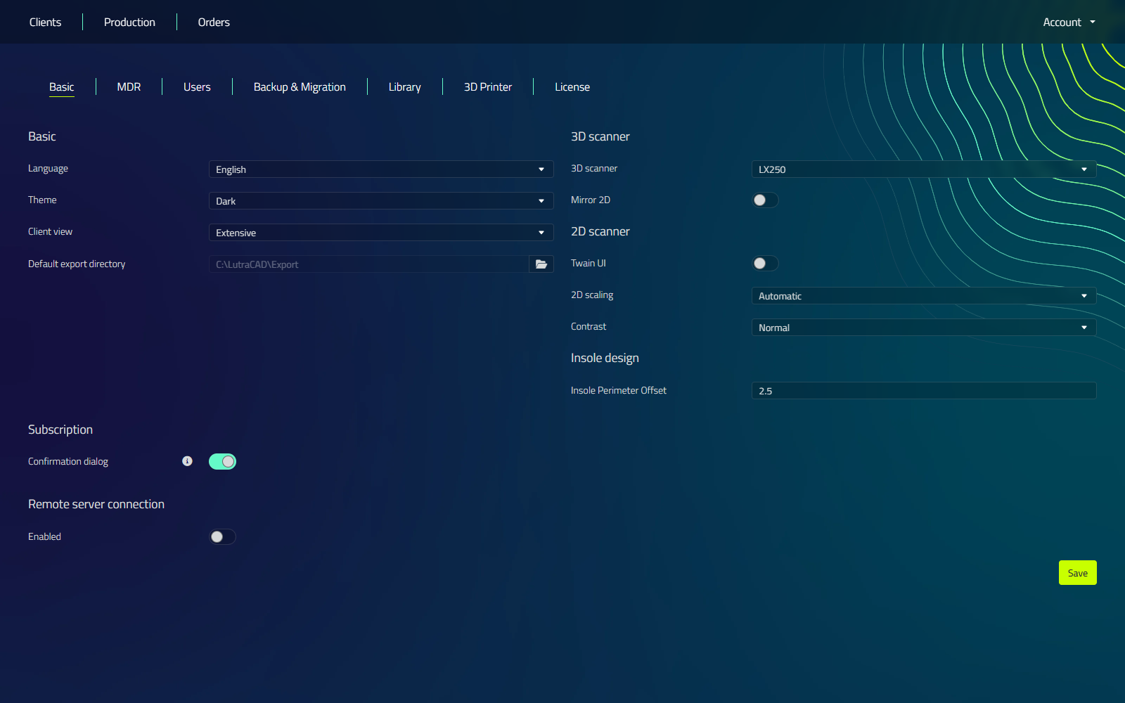 La scheda di base in Impostazioni, mostrando opzioni di workstation tra cui tema, vista paziente, configurazione dello scanner e default del design plantare