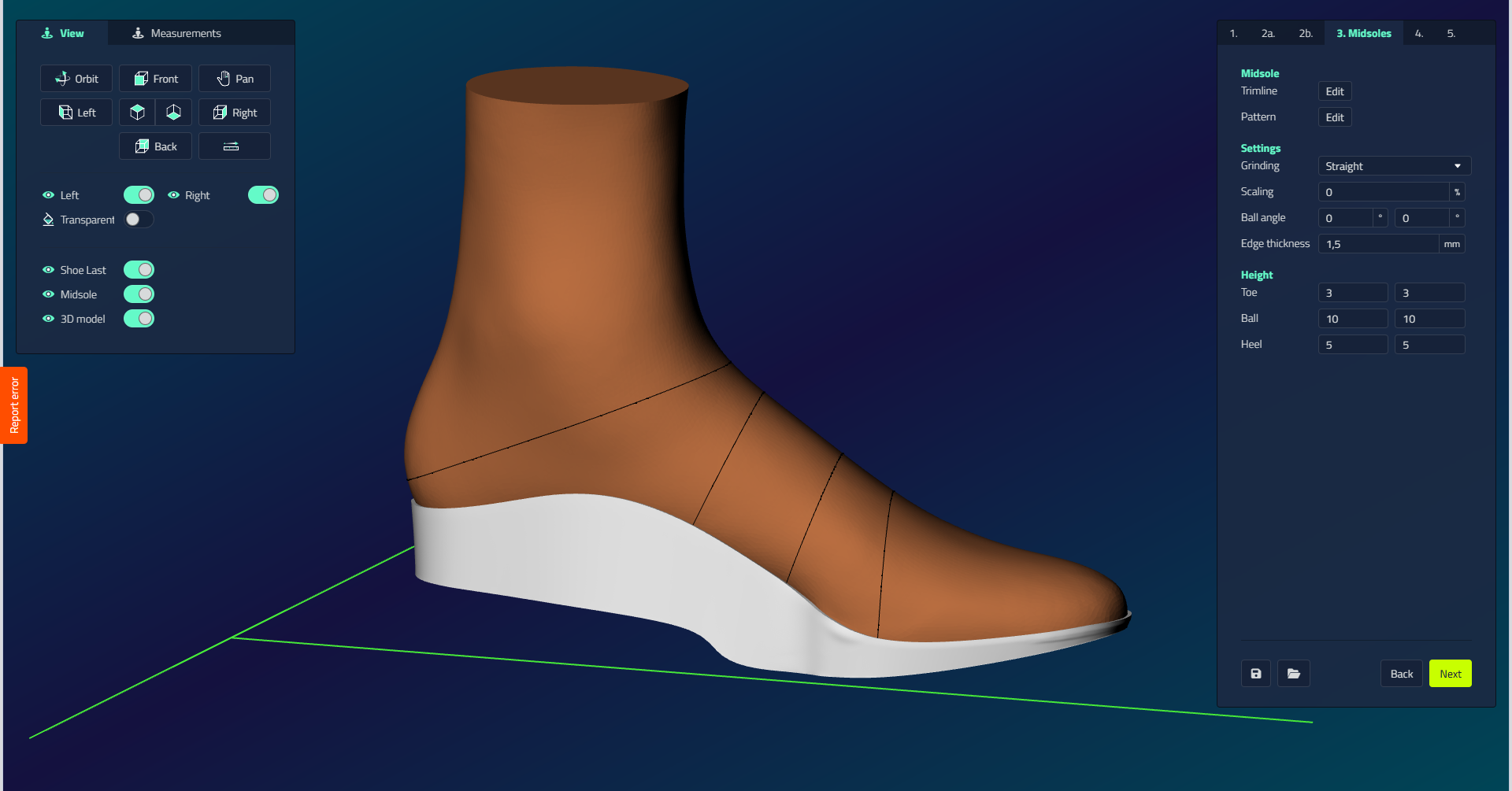 Een voltooide supplement getoond op de schoenleest in de 3D viewport, met het supplement-instellingenpaneel rechts